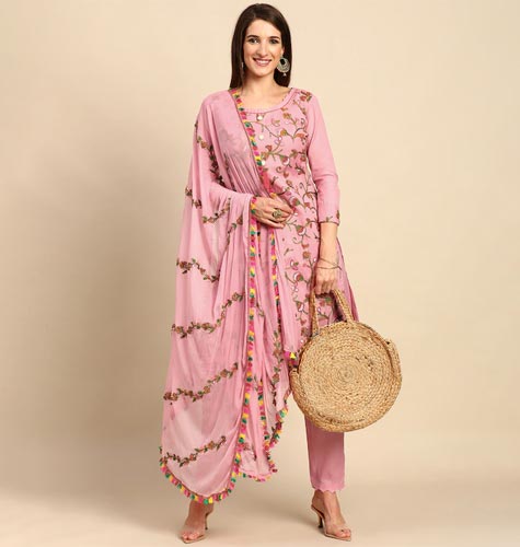 Pink & Green Embroidered Unstitched Dress Material